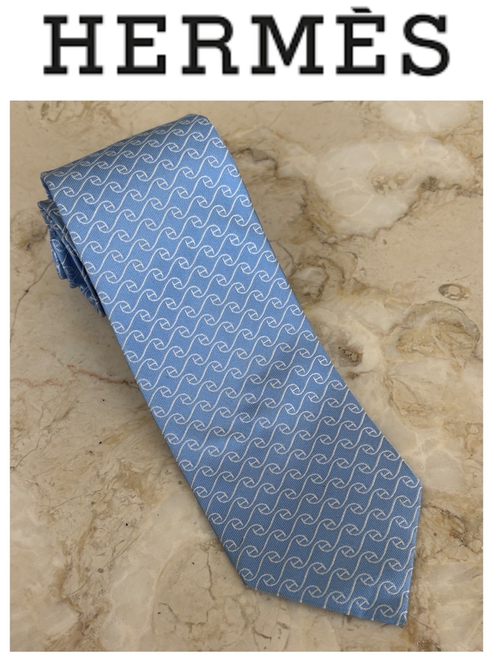 Hermès Paris 100% Silk Blue Wave Pattern Tie | Made in France | Classic Luxury